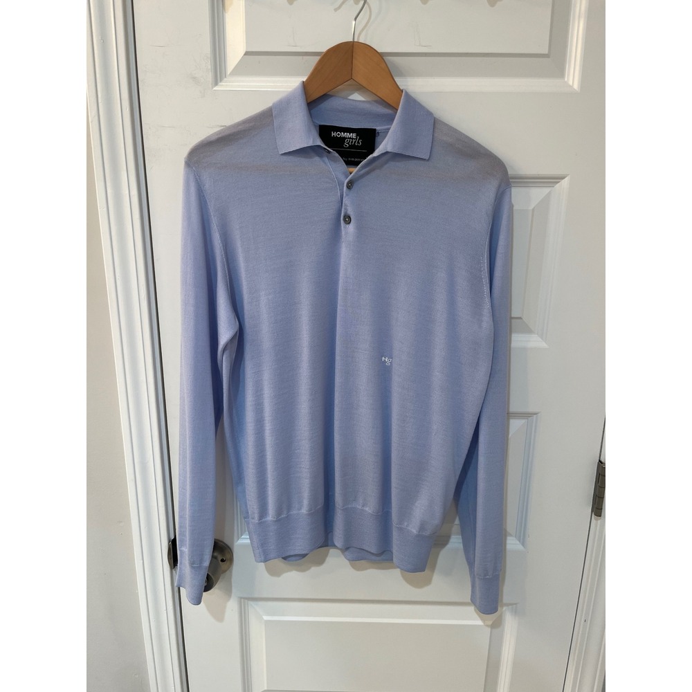 HommeGirls Light Blue 100% Merino Wool Long Sleeve Polo Sweater Size S Hg Logo